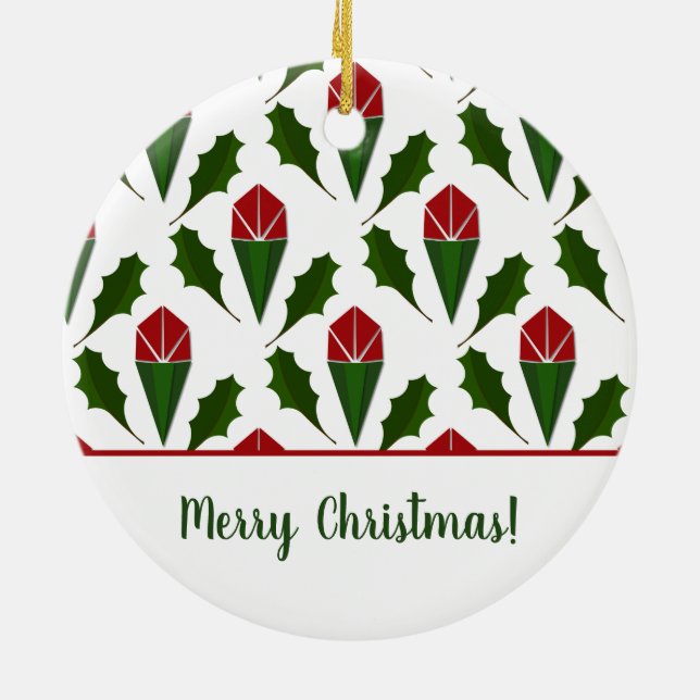 Personalised Elegant Abstract Red Roses and Holly Ceramic Tree Decoration (Back)