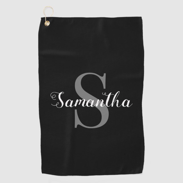 Personalised Elegant Black and White Monogram Name Golf Towel (Front)