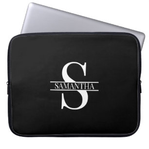 Personalised Elegant Black and White Monogram Name Laptop Sleeve