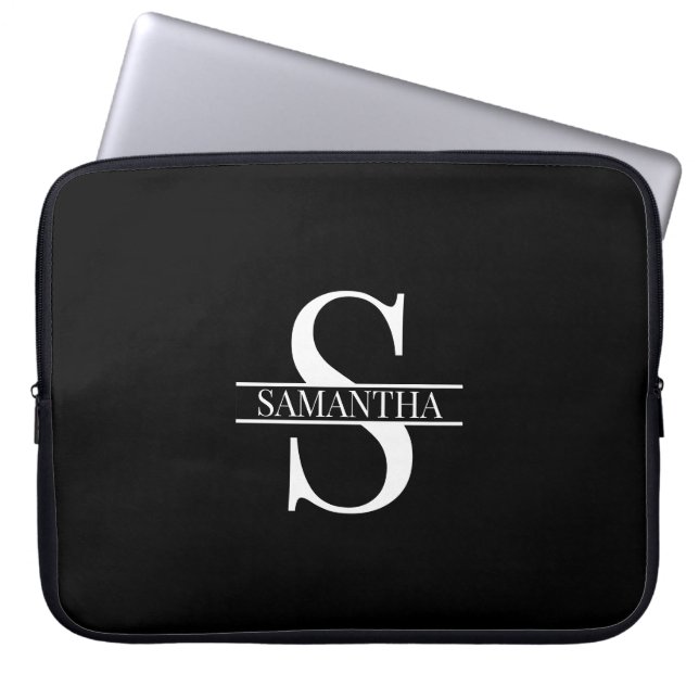 Personalised Elegant Black and White Monogram Name Laptop Sleeve (Front)