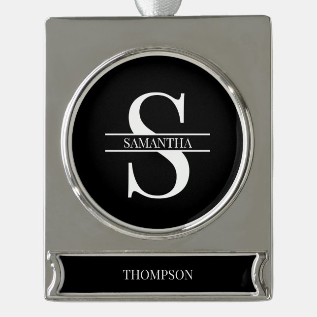 Personalised Elegant Black and White Monogram Name Silver Plated Banner Ornament (Front)