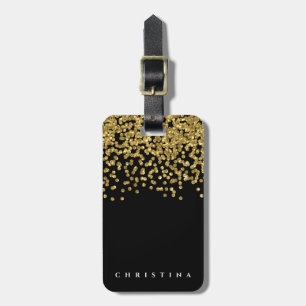 Personalised Elegant Black Faux Gold Confetti Luggage Tag