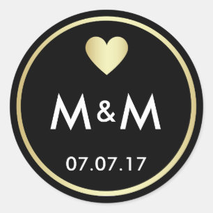 Personalised Elegant Black Gold & Heart Wedding Classic Round Sticker