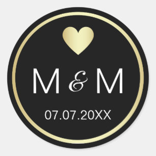 Personalised Elegant Black Gold & Heart Wedding Classic Round Sticker