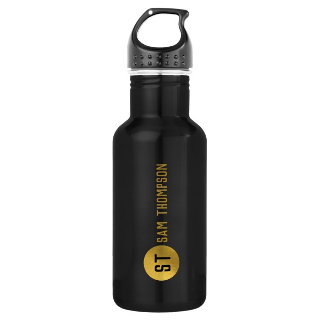 Personalised Elegant Black & Gold Modern Monogram 532 Ml Water Bottle (Front)