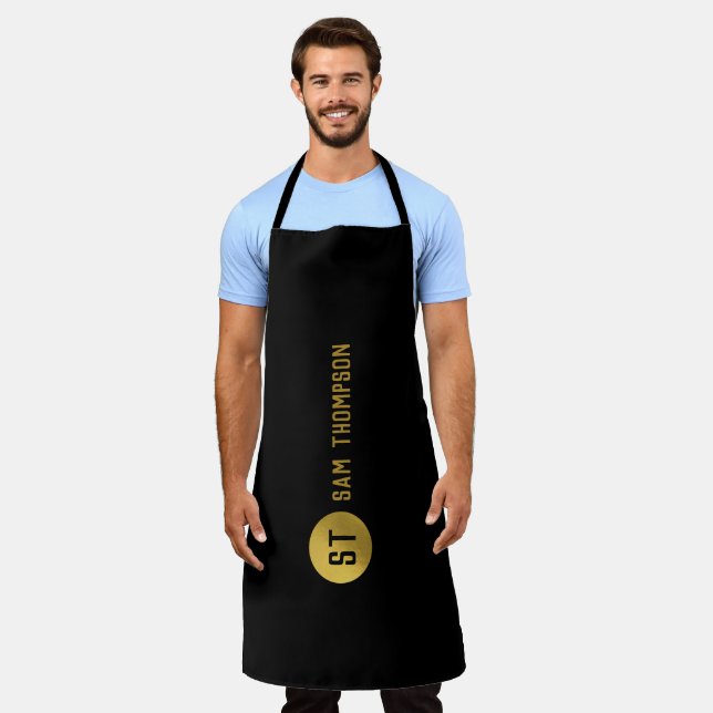 Personalised Elegant Black & Gold Modern Monogram Apron (Worn)