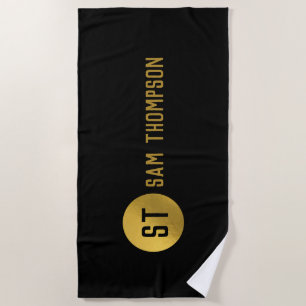 Personalised Elegant Black & Gold Modern Monogram Beach Towel