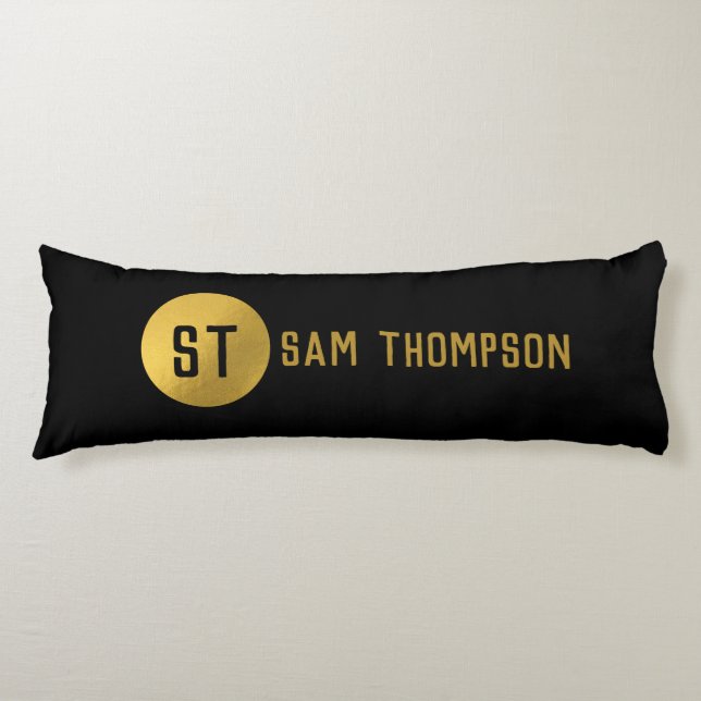 Personalised Elegant Black & Gold Modern Monogram Body Cushion (Front)
