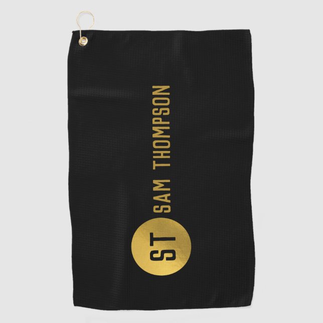 Personalised Elegant Black & Gold Modern Monogram Golf Towel (Front)