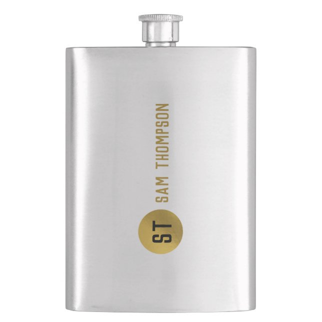 Personalised Elegant Black & Gold Modern Monogram Hip Flask (Front)