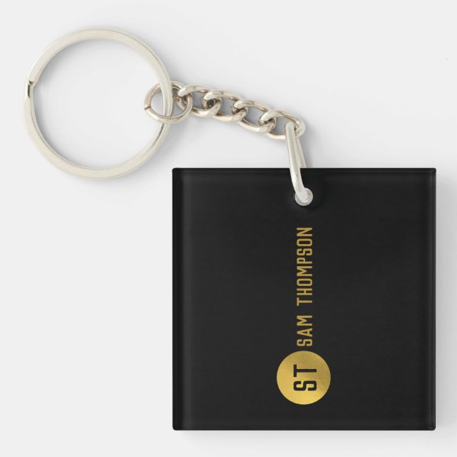 Personalised Elegant Black & Gold Modern Monogram Key Ring (Front)