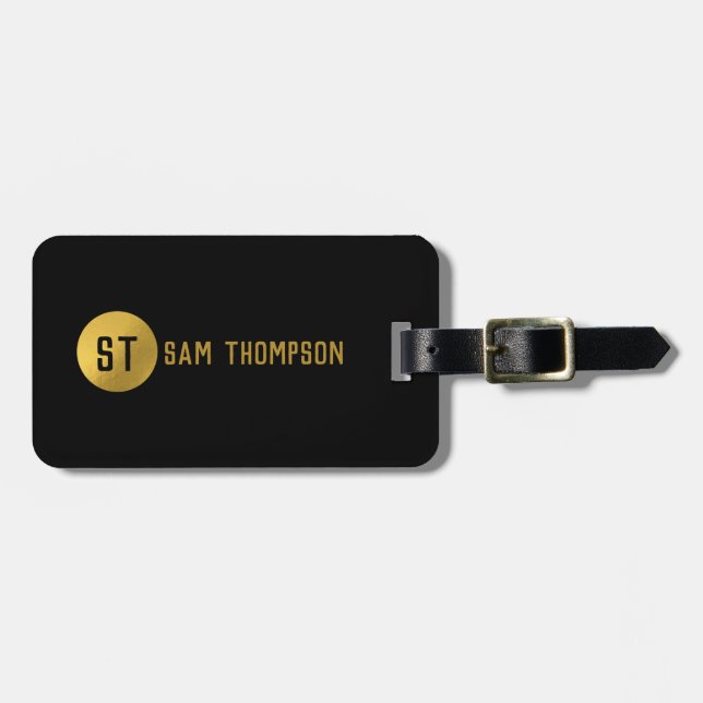 Personalised Elegant Black & Gold Modern Monogram Luggage Tag (Front Horizontal)