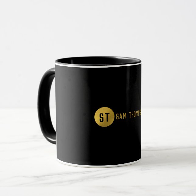 Personalised Elegant Black & Gold Modern Monogram Mug (Front Left)