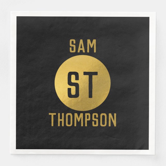 Personalised Elegant Black & Gold Modern Monogram Napkin (Front)