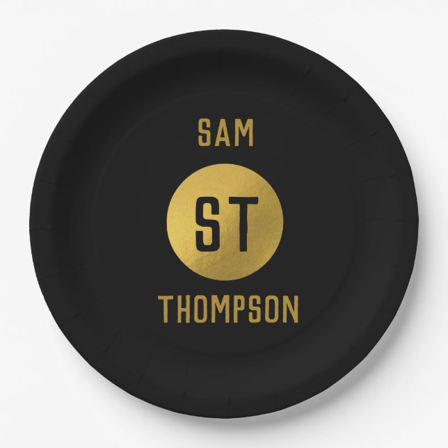 Personalised Elegant Black & Gold Modern Monogram Paper Plate (Front)