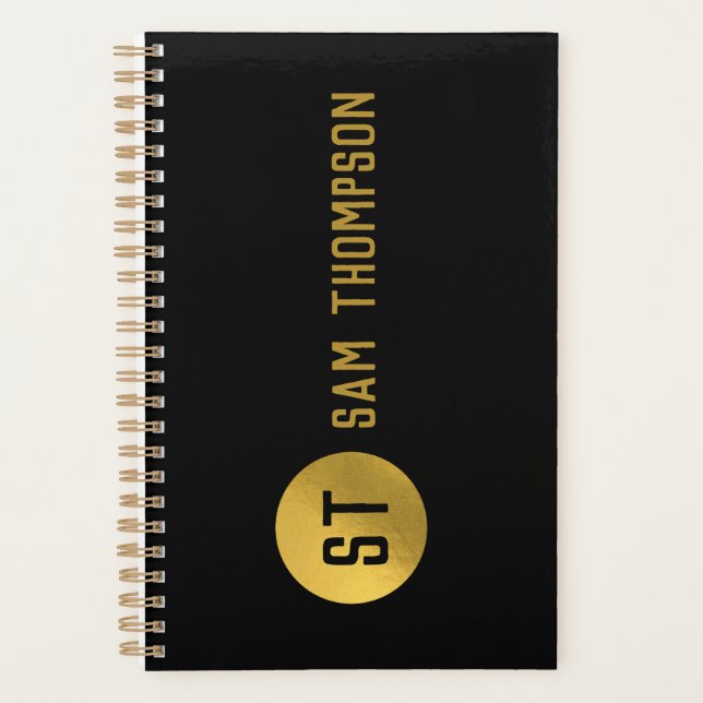 Personalised Elegant Black & Gold Modern Monogram Planner (Front)