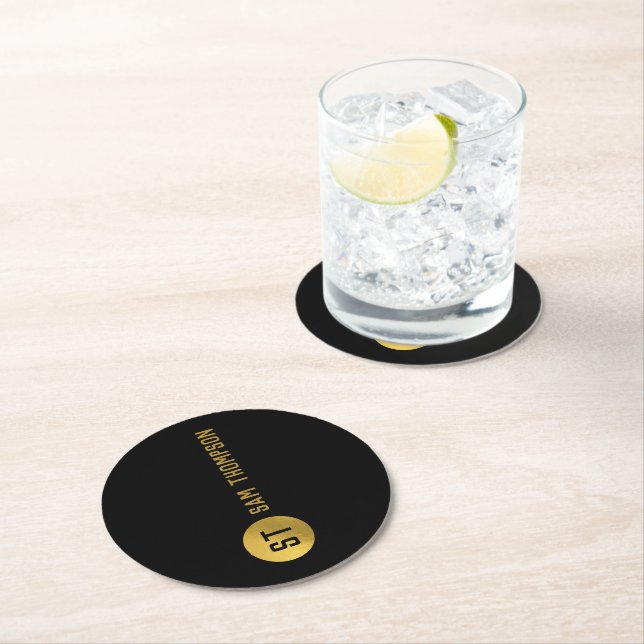 Personalised Elegant Black & Gold Modern Monogram Round Paper Coaster (Insitu)