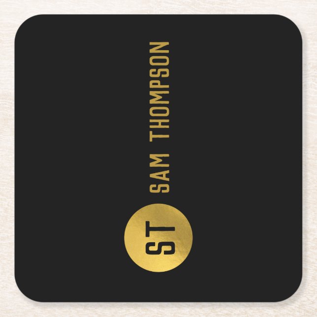 Personalised Elegant Black & Gold Modern Monogram Square Paper Coaster (Front)