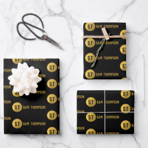 Personalised Elegant Black & Gold Modern Monogram Wrapping Paper Sheet