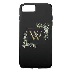 Personalised Elegant Black Gold Monogram Greenery iPhone 8 Plus/7 Plus Case
