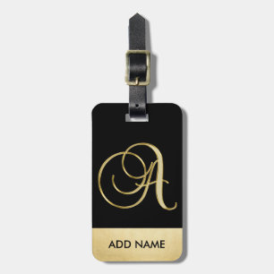 Personalised Elegant Black Gold Monogram Letter A Luggage Tag