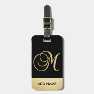 Personalised Elegant Black Gold Monogram Letter M Luggage Tag