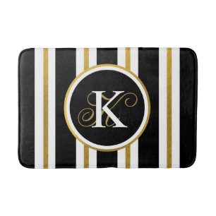 Personalised Elegant Black & Gold Stripes Monogram Bath Mat
