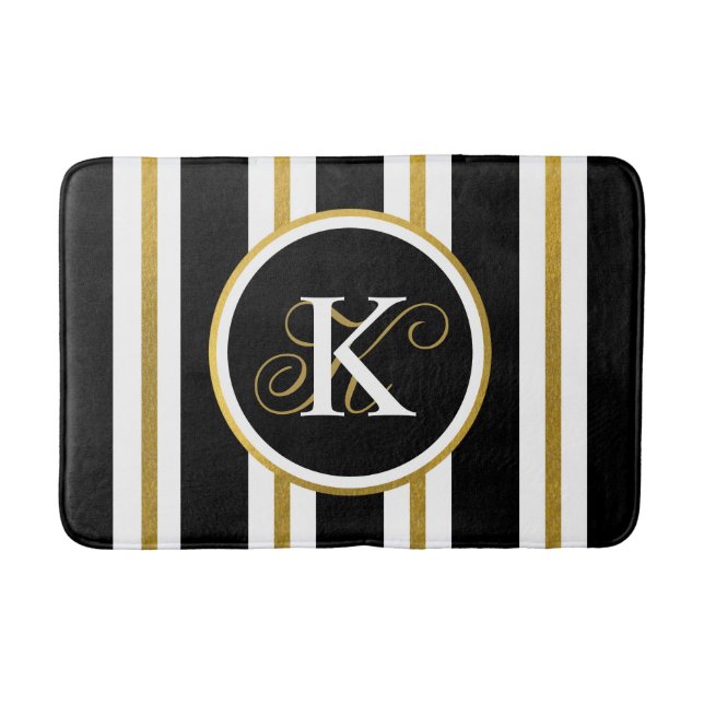 Personalised Elegant Black & Gold Stripes Monogram Bath Mat (Front)
