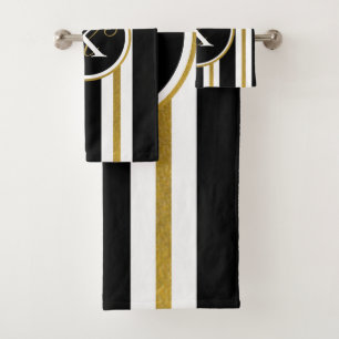 Personalised Elegant Black & Gold Stripes Monogram Bath Towel Set
