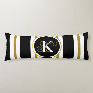 Personalised Elegant Black & Gold Stripes Monogram Body Cushion