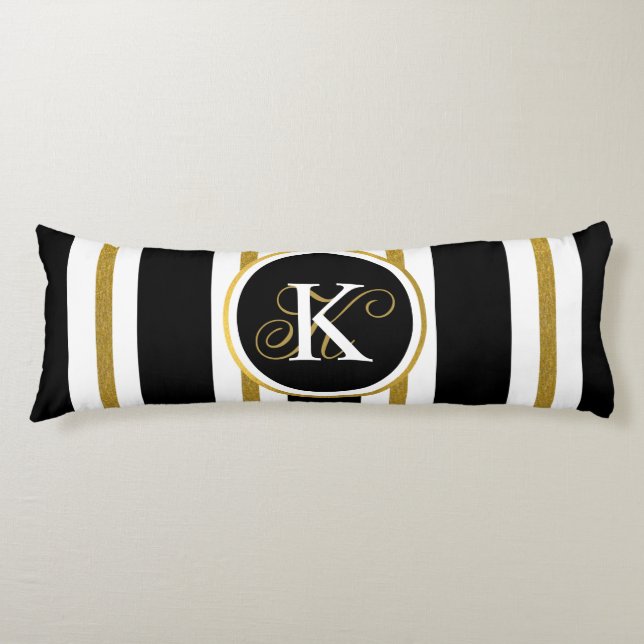 Personalised Elegant Black & Gold Stripes Monogram Body Cushion (Front)