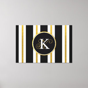 Personalised Elegant Black & Gold Stripes Monogram Canvas Print