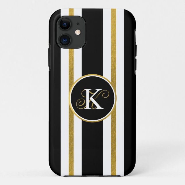 Personalised Elegant Black & Gold Stripes Monogram Case-Mate iPhone Case (Back)
