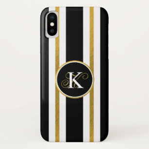 Personalised Elegant Black & Gold Stripes Monogram iPhone X Case