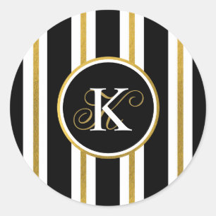 Personalised Elegant Black & Gold Stripes Monogram Classic Round Sticker