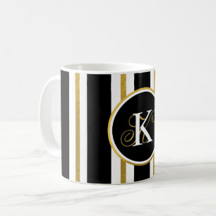 Personalised Elegant Black & Gold Stripes Monogram Coffee Mug
