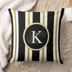 Personalised Elegant Black & Gold Stripes Monogram Cushion