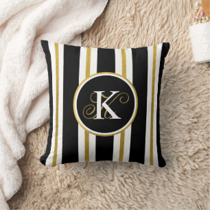 Personalised Elegant Black & Gold Stripes Monogram Cushion