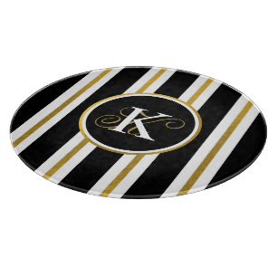 Personalised Elegant Black & Gold Stripes Monogram Cutting Board