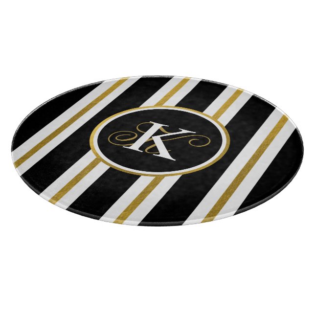 Personalised Elegant Black & Gold Stripes Monogram Cutting Board (Corner)