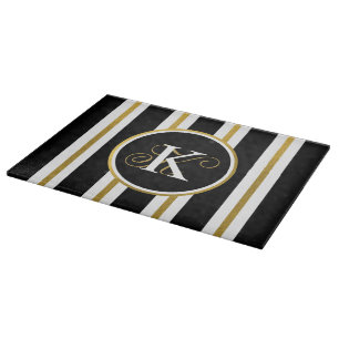 Personalised Elegant Black & Gold Stripes Monogram Cutting Board