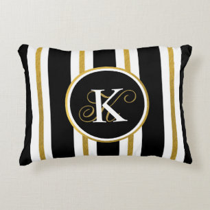 Personalised Elegant Black & Gold Stripes Monogram Decorative Cushion