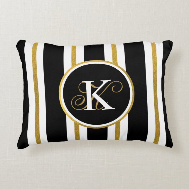 Personalised Elegant Black & Gold Stripes Monogram Decorative Cushion (Front)