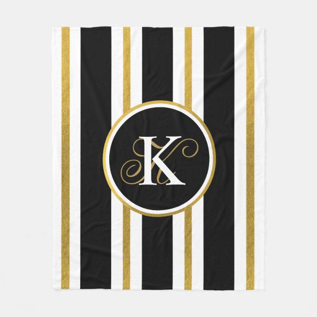Personalised Elegant Black & Gold Stripes Monogram Fleece Blanket (Front)