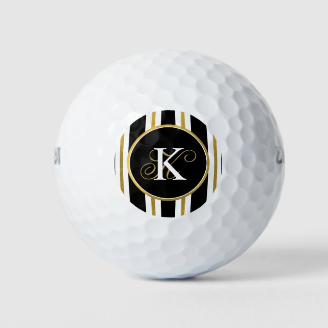 Personalised Elegant Black & Gold Stripes Monogram Golf Balls (Front)