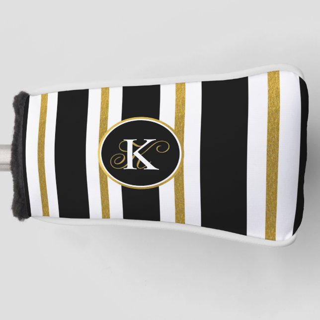 Personalised Elegant Black & Gold Stripes Monogram Golf Head Cover (Front)