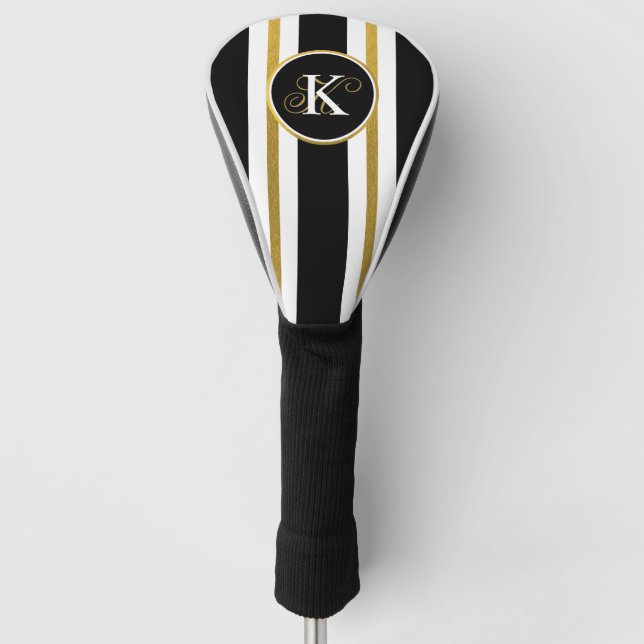 Personalised Elegant Black & Gold Stripes Monogram Golf Head Cover (Front)