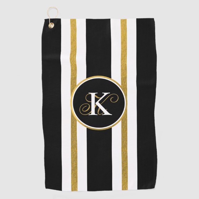 Personalised Elegant Black & Gold Stripes Monogram Golf Towel (Front)
