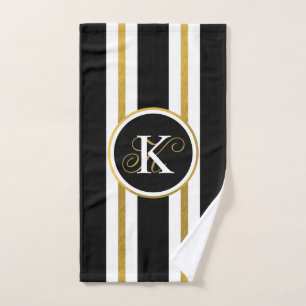 Personalised Elegant Black & Gold Stripes Monogram Hand Towel