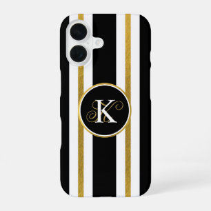 Personalised Elegant Black & Gold Stripes Monogram iPhone 16 Case